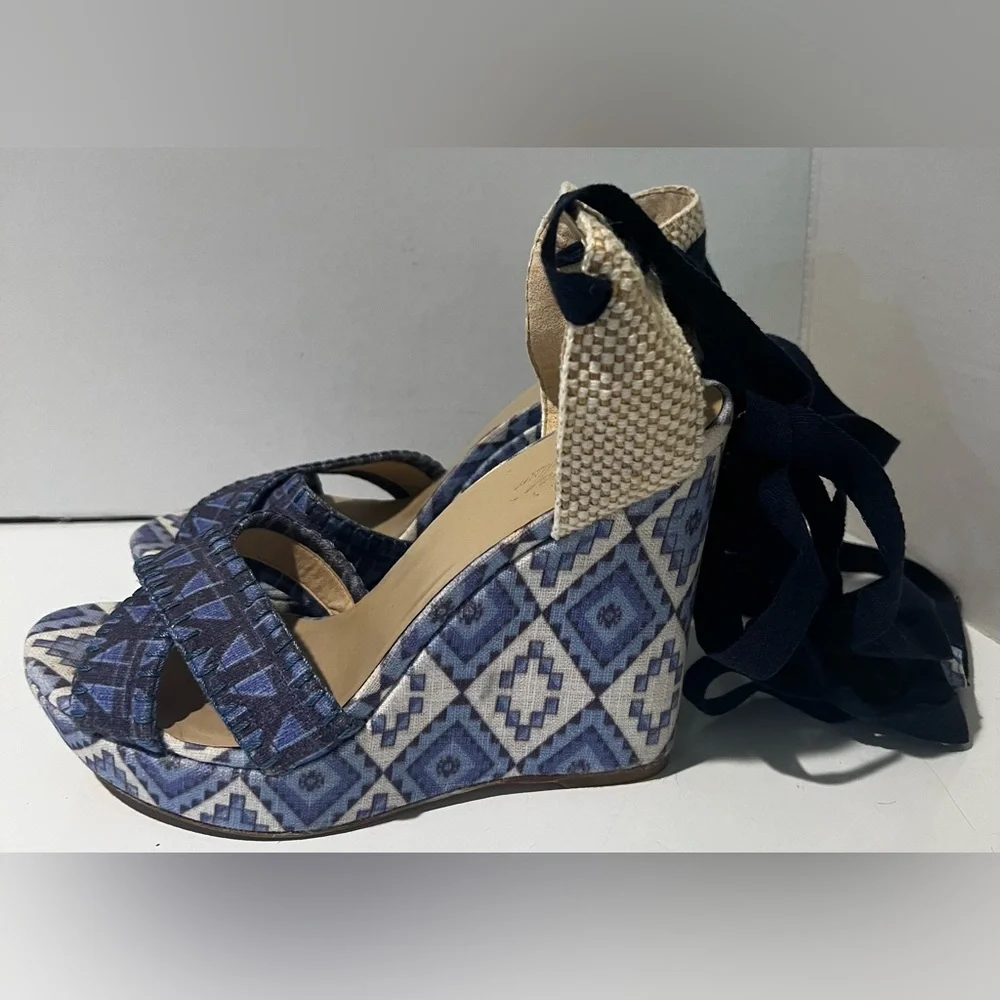 Theodora & Callum by Stuart Weitzman Biarritz Blue Aztec Espadrille Wedges Sz 10